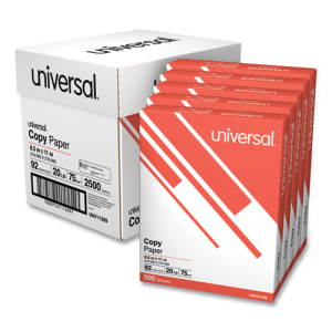 Universal Copy Paper 92 Bright 20lb Bond 8.5" by 11" 500 sheets per ream. Sold per Carton